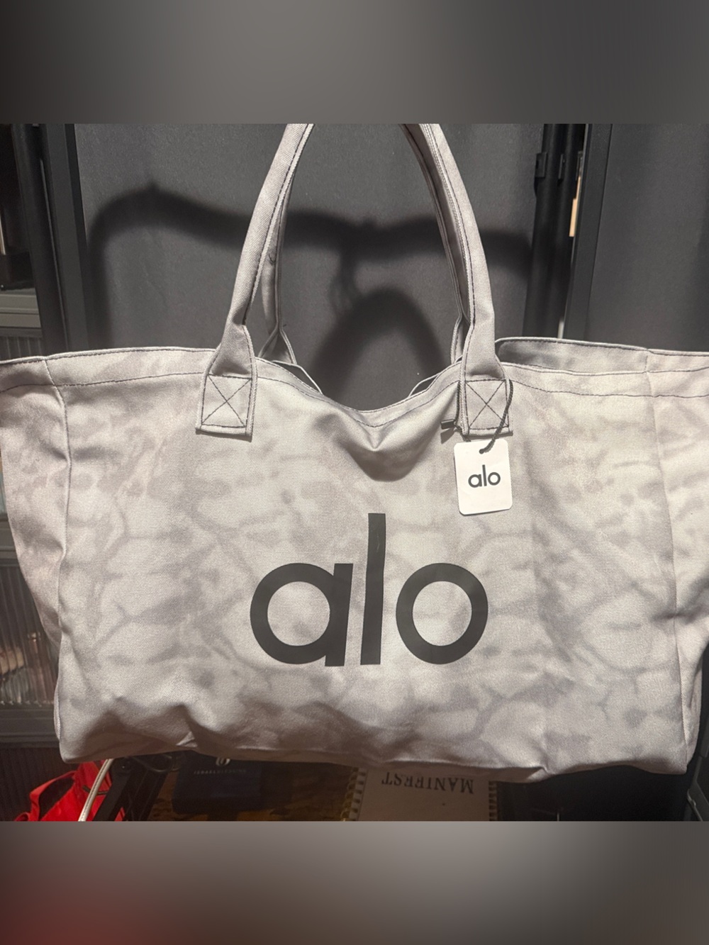 ALO Yoga Light Gray Canvas Tote with Bold Black Logo NWT